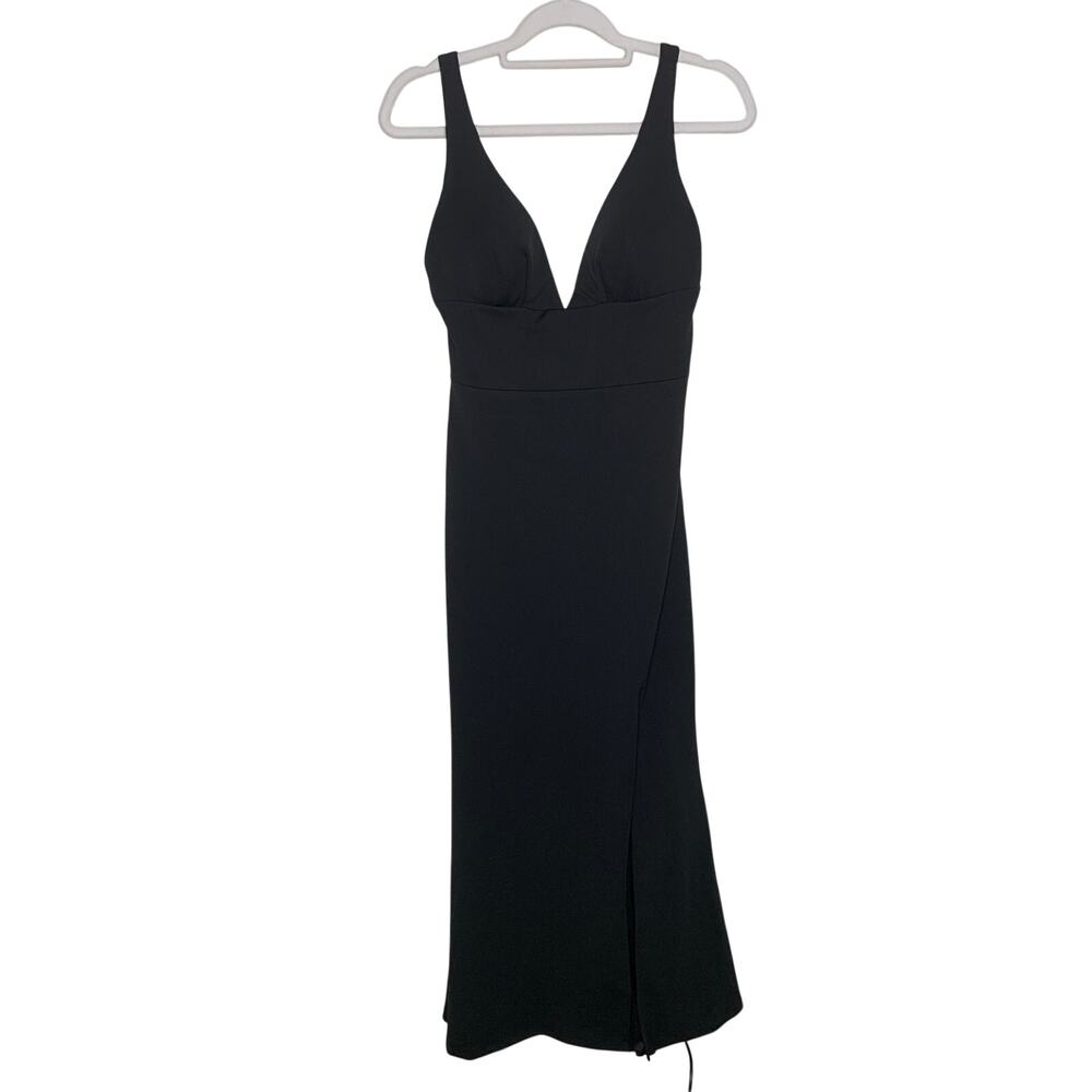 Katie May Black Deep V-Neck Side Slit Black Gown Dress